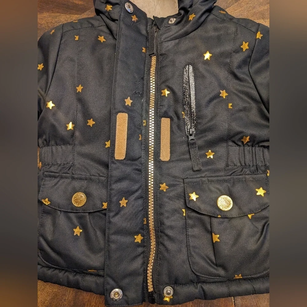 Cat & Jack Toddler Girls Black Puffer Jacket Gold Star Print Lined Hood